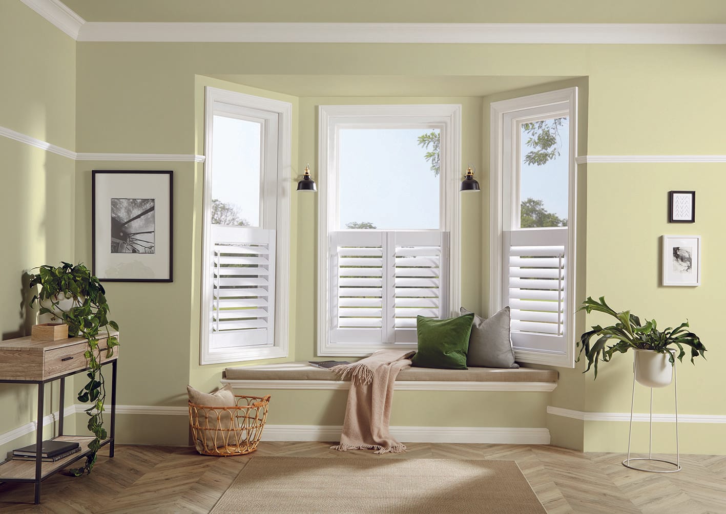 Bay window plantation shutters with the louvres open