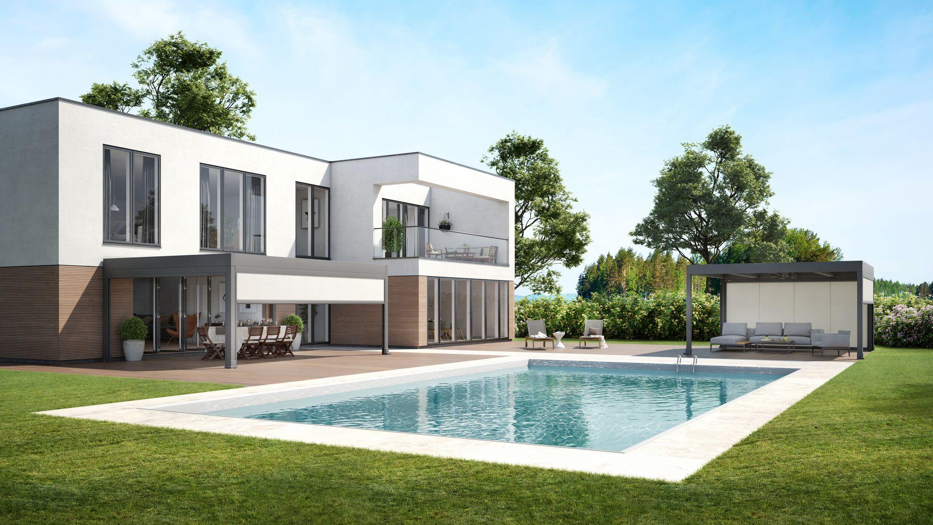 Markilux Markant freestanding patio cover with beige awning fabric in Northern Ireland garden