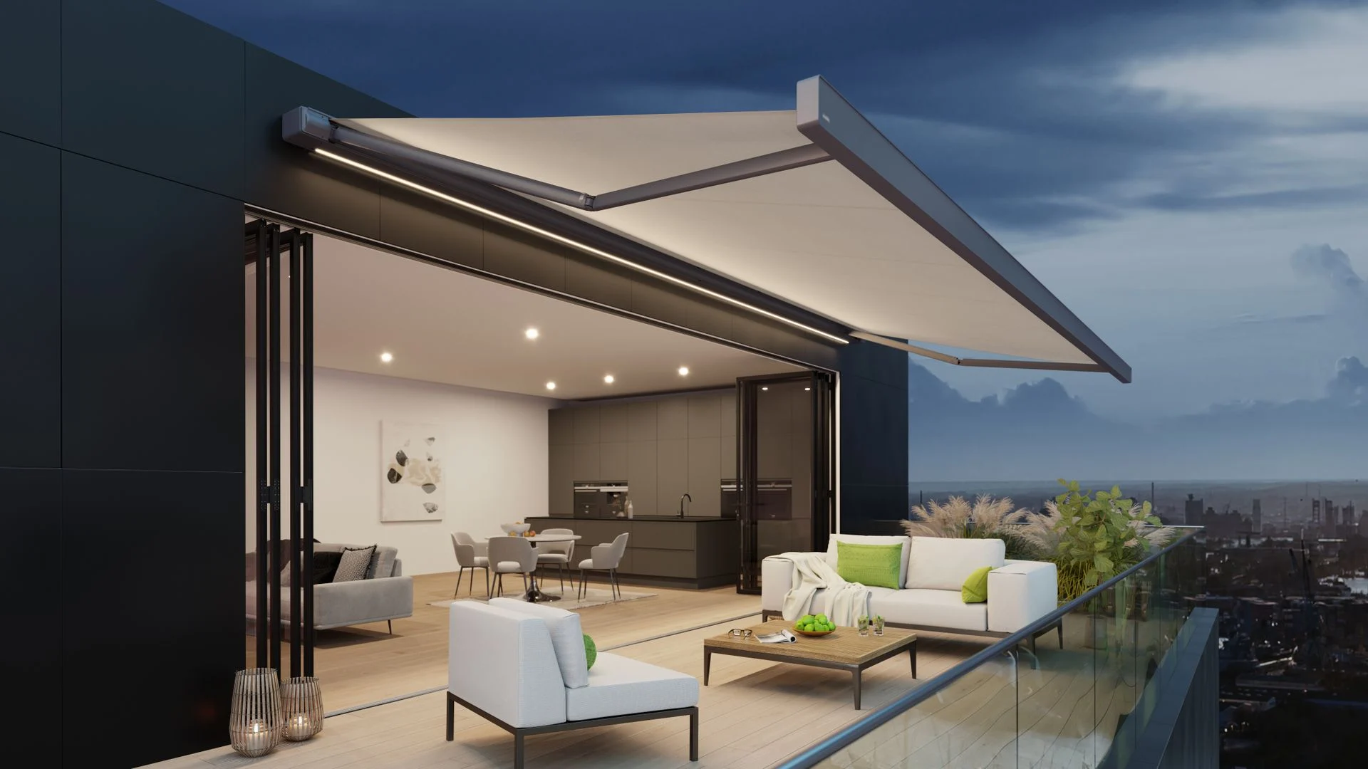 Markilux 970 slim cassette awning with LED lighting on a Belfast terrace