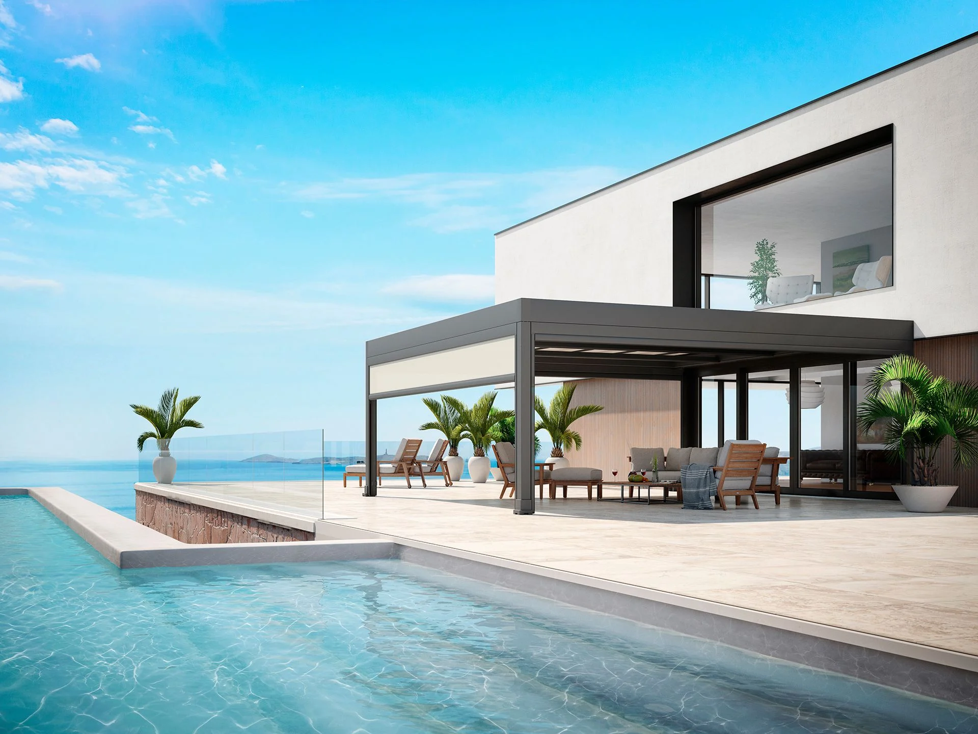 Markilux Markant with anthracite frame and integrated roller blind installed in Northern Ireland garden